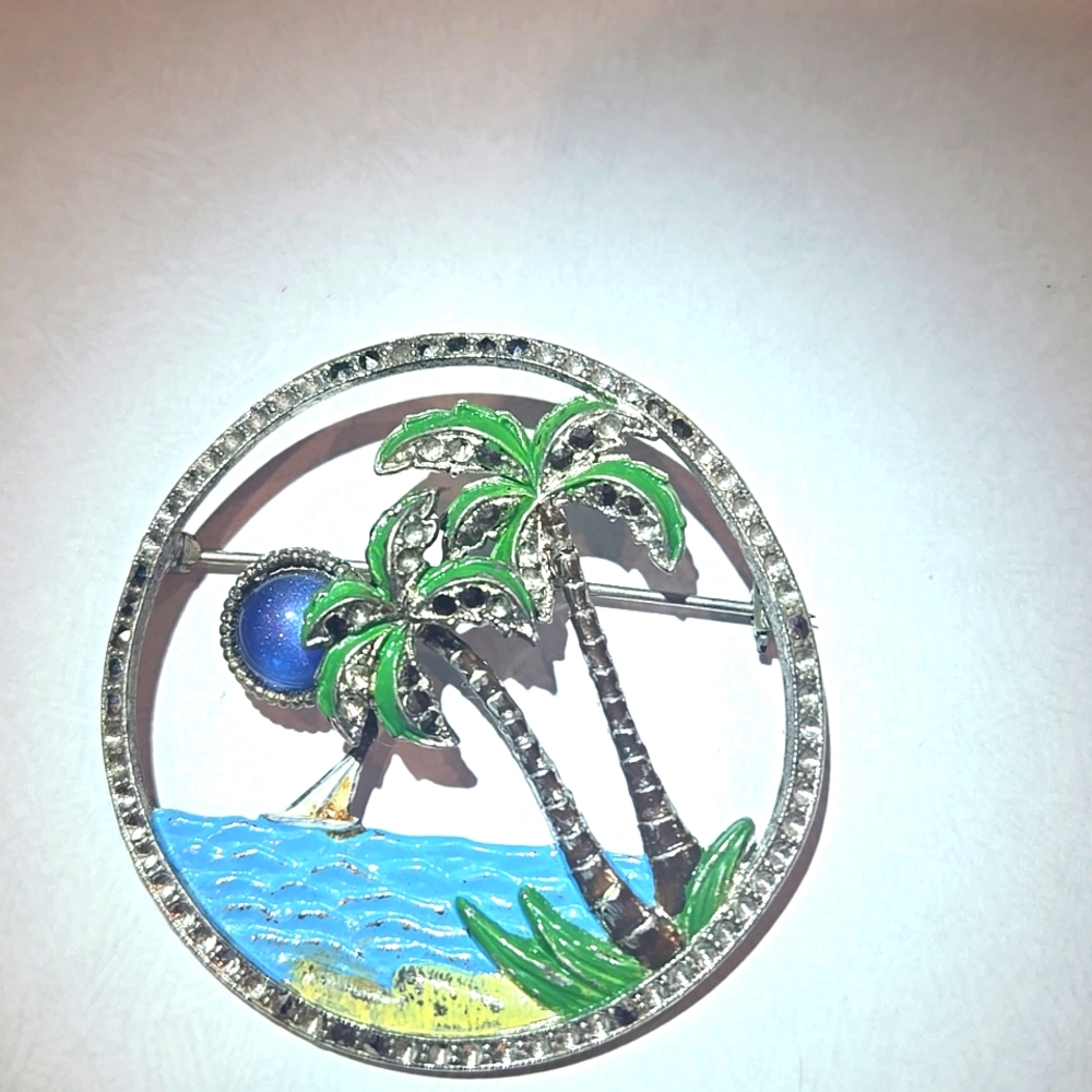 Art deco enamel moon glow marcasite tropical palm tree beach brooch see Details
